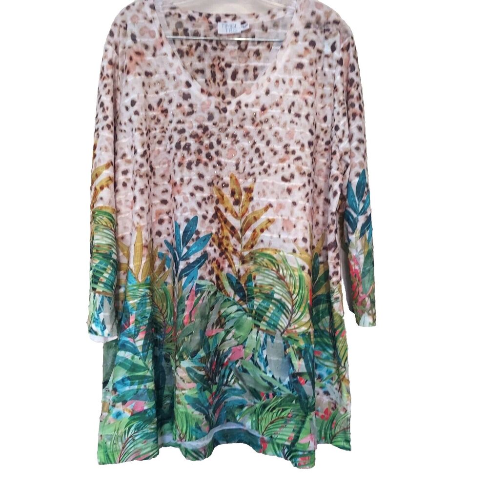 Time and Tru Animal Print Colorful Top Shirt XXL (20) Rhinestones Floral 2XL